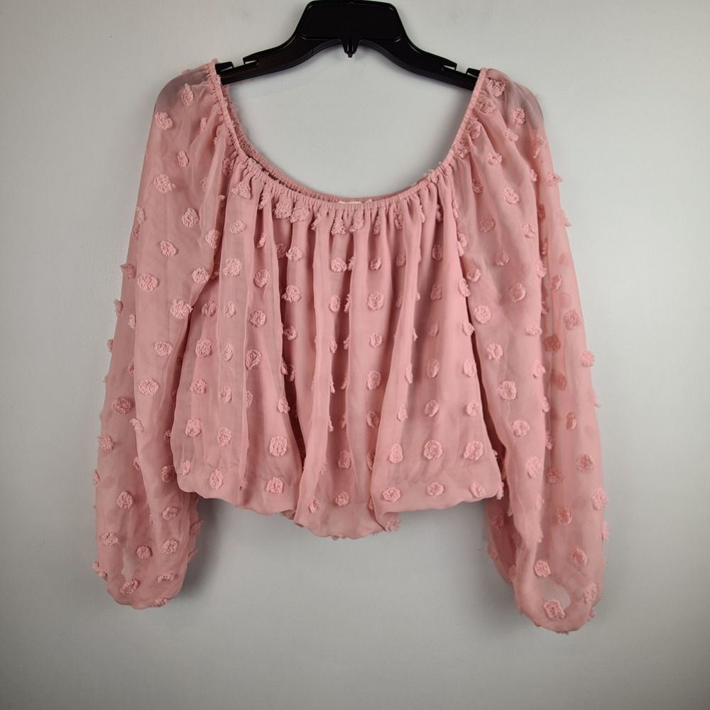Francescas Mi Ami Blush Pink Off the Shoulder Blouse Small Sheer Dotted Cropped